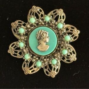 Vintage Faux Turquoise Silver-Tone Cameo Flower Brooch